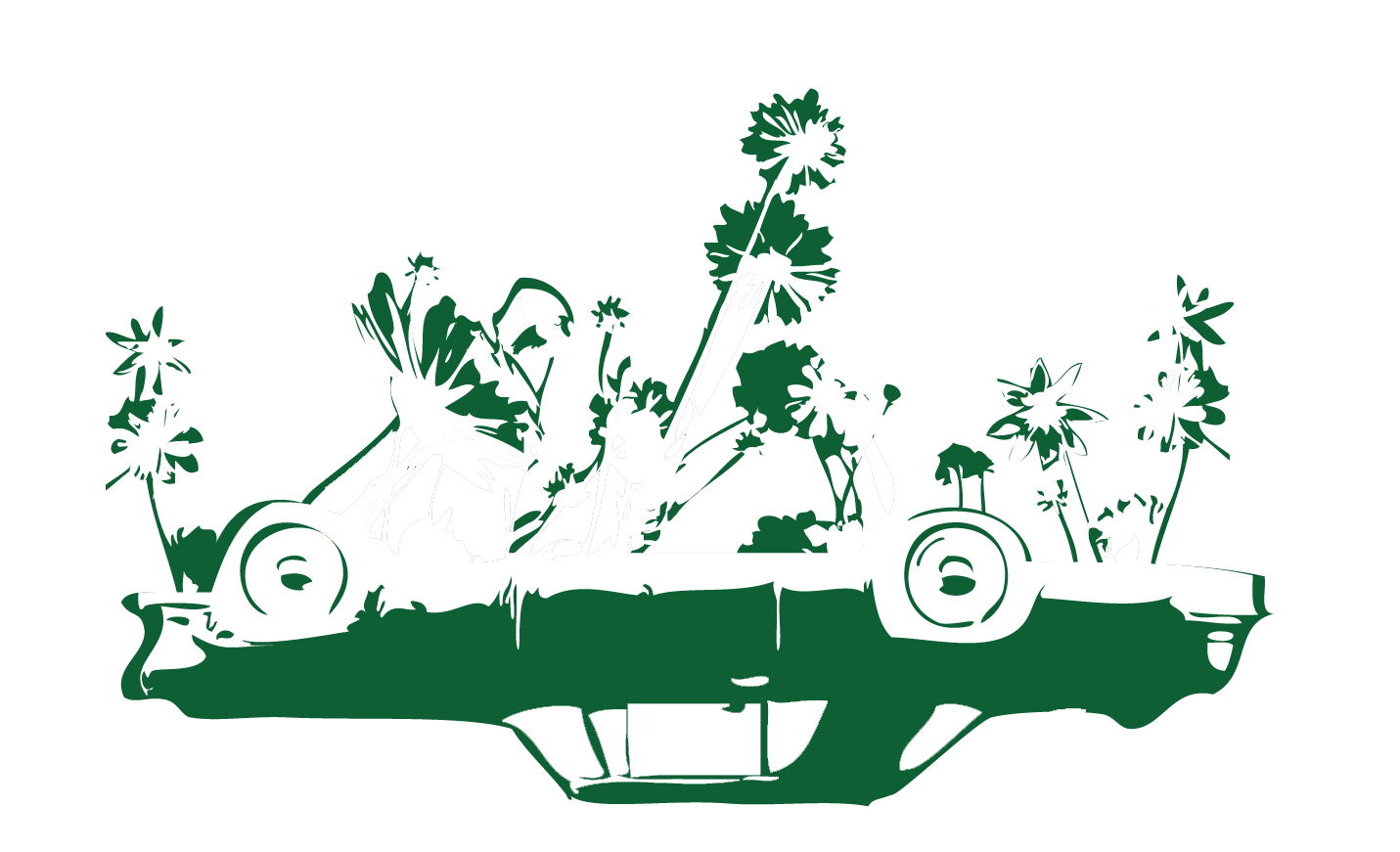 A car overtaken by wildflowers, in the style of a reclaimed parking space